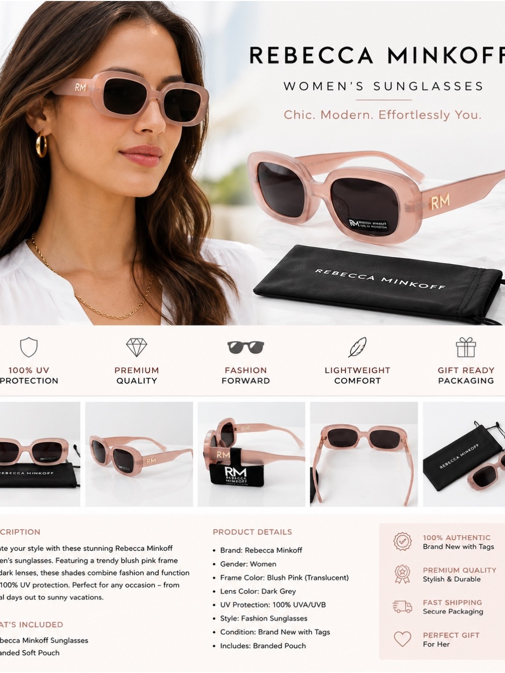 Rebecca Minkoff Blush Pink Rectangular Women’s Sunglasses